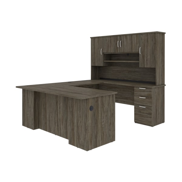 Photos - Other Furniture Bestar Murzim 71"W U- Or L-Shaped Executive Desk With Hutch, Walnut Gray 182411-000035 