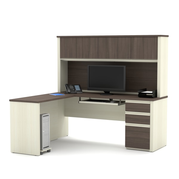 Bestar Prestige + 72""W L-Shaped Corner Desk With Pedestal And Hutch, White Chocolate/Antigua -  99872-52