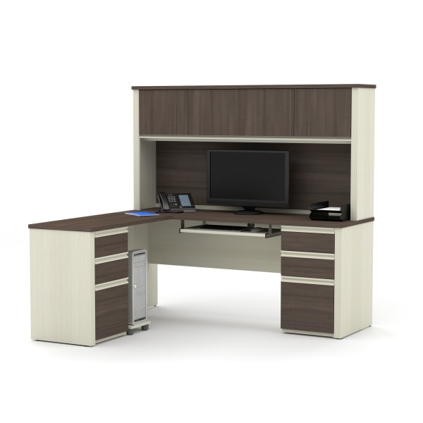Bestar Prestige + 72""W Modern L-Shaped Corner Desk With 2 Pedestals And Hutch, White Chocolate/Antigua -  99852-52