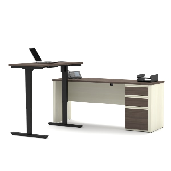 Bestar Prestige + 72""W L-Shaped Standing Corner Desk With Pedestal, White Chocolate/Antigua -  99885-52