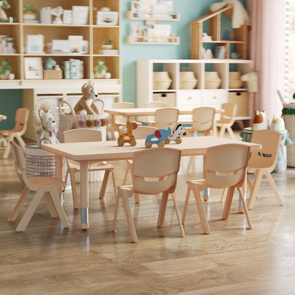 Flash Furniture Emmy 24"W x 48"L Rectangular Natural Plastic Height Adjustable Activity Table Set with 6 Chairs, YU-YCX-0013-2-RECT-TBL-NAT-E-GG