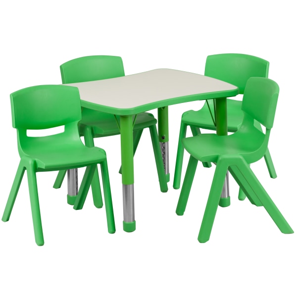 Flash Furniture Rectangular Plastic Height-Adjustable Activity Table With 4 Chairs, 23-1/2""H x 21-7/8""W x 26-5/8""D, Green/Gray -  YU09834RECTBLGN
