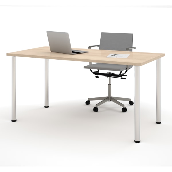 Bestar Universal 60""W Table Computer Desk With Round Metal Legs, Northern Maple -  65862-38