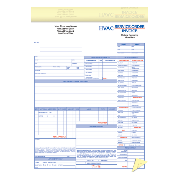 Custom 2-Part Business Forms, Pre-Formatted, Ruled HVAC Service Order/Invoice Forms, 8 1/2"" x 11"", White/Canary, Box Of 250 -  Taylor, FSS50284