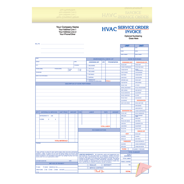 Custom Carbonless Business Forms, Pre-Formatted 3-Part HVAC Service Order/Invoice Forms, 8 1/2"" x 11"", Box Of 250 Forms -  Taylor, FSS50285