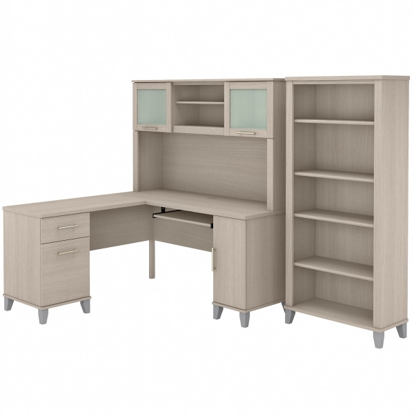Bush® Furniture Somerset 60""W L-Shaped Desk With Hutch And 5-Shelf Bookcase, Sand Oak, Standard Delivery -  SET010SO