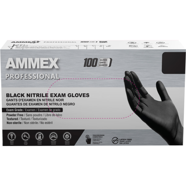 Ammex Professional Series Powder Free Nitrile Exam Gloves, Latex Free, Small, Black, 100/Box (ABNPF4 | Quill