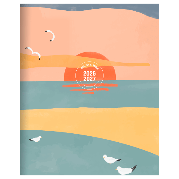 This 6.5" (w) x 8" (h) medium monthly planner has 12 monthly views, July 2026 - June 2027, each spanning two pages with extra-large grids that are per