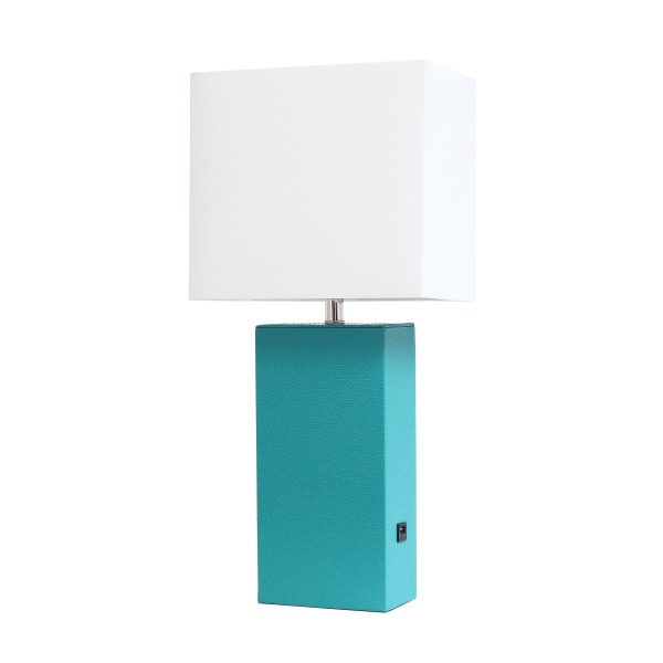 Elegant Designs - Modern Leather Table Lamp with USB and White Fabric Shade - Teal