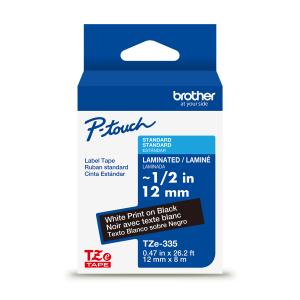 Brother P-touch TZe335, Laminated, 1/2" x 26.2 ft (12mm x 8m), White on Black Label Tape