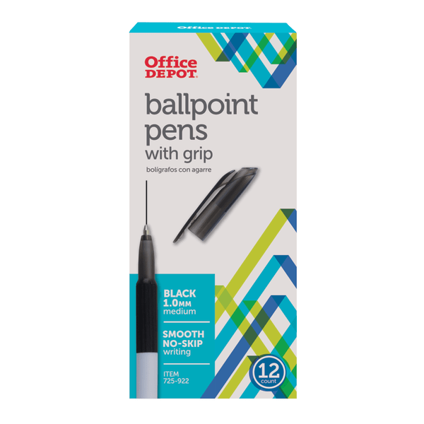 Office Depot® Brand Grip Ballpoint Pens, Medium Point, 1.0 mm, White Barrel, Black Ink, Pack Of 12 Pens -  1308