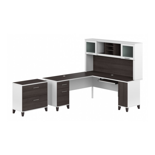 Bush Furniture Somerset 72""W L-Shaped Desk With Hutch And Lateral File Cabinet, Storm Gray/White, Standard Delivery -  Bush Business Furniture, SET009SGWH