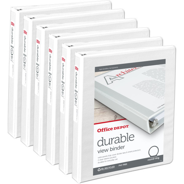 Office Depot® Brand Durable Round-Ring View Binders  1  Rings  White  Pack Of 6 Binders