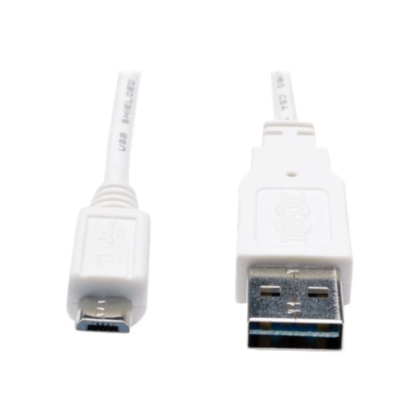Tripp Lite 3ft USB 2.0 High Speed Cable Reversible A to 5Pin Micro B M/M White - USB for PDA, Camera, Cellular Phone - 3 ft - 1 x Type A Male USB - 1 