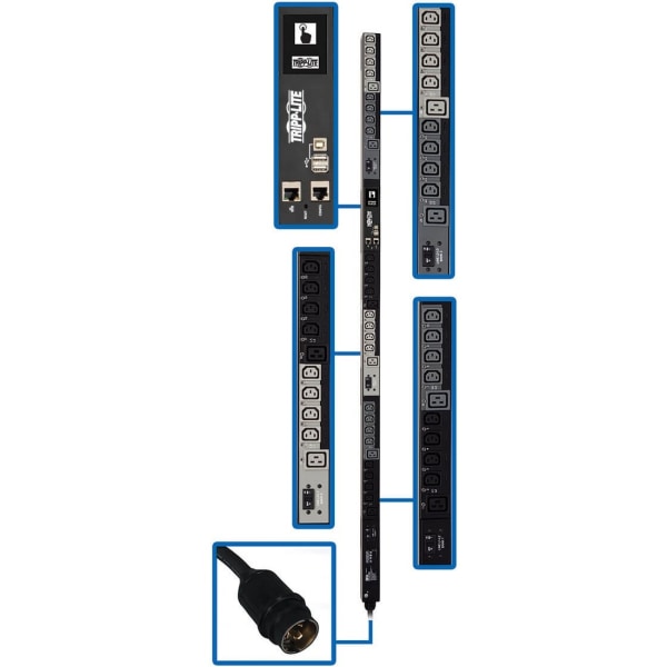 Tripp Lite 14.5kW 3-Phase PDU, Vertical, Switched, 0U, 24 IEC C13, 6 IEC C19 to Hubbell 50A CS8365C -  PDU3EVS6H50