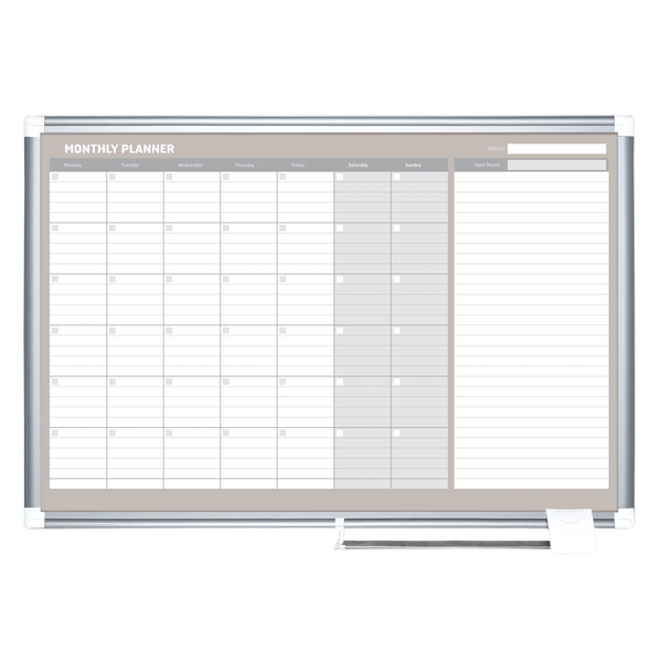 MasterVision® Gold Ultra™ Magnetic Dry-Erase Monthly Calendar Planning Board, Lacquered Steel, 36"" x 24"", White/Plate Gray, Silver Aluminum Frame -  GA0397830