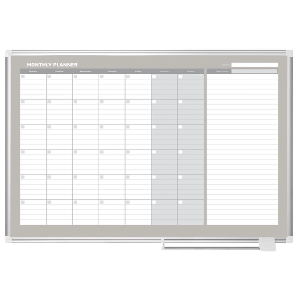 MasterVision® Gold Ultra™ Magnetic Dry-Erase Monthly Calendar Planning Board, Lacquered Steel, 48" x 36", White/Plate Gray, Silver Aluminum Frame