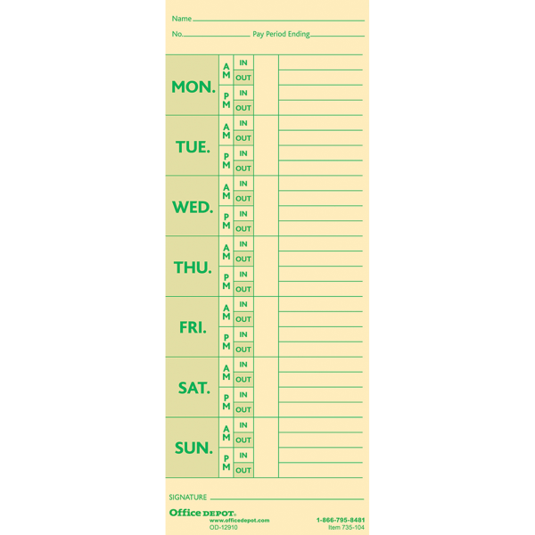 Office Depot Time Cards With Deductions  Weekly  Monday-Sunday Format  2-Sided  3 3/8in x 8 7/8in  Manila  pk Of 100  GB-735104