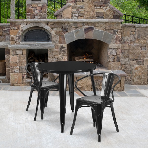 Flash Furniture Commercial Grade Round Metal Indoor-Outdoor Table Set With 2 Arm Chairs, 29-1/2""H x 30""W x 30""D, Black -  CH519TH218ABK