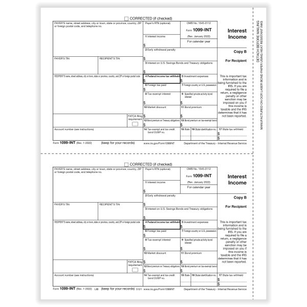 ComplyRight® 1099-INT Tax Forms, 2-Up, Recipient Copy B, Laser, 8-1/2"" x 11"", White, Pack Of 100 Forms -  512150OD