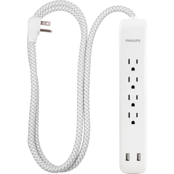 Philips 4-Outlet Surge Protector With USB, 4', White/Gray