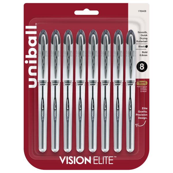uni-ball Vision Elite Liquid Ink Rollerball Pens, Bold Point, 0.8 mm, Silver Barrel, Black Ink, Pack Of 8