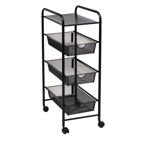 Honey-Can-Do Rolling Storage Cart With Mesh Drawers And Shelf, 3 Tier, 35-5/8""H x 15-7/16""W x 12-7/16""D, Black -  CRT-09589