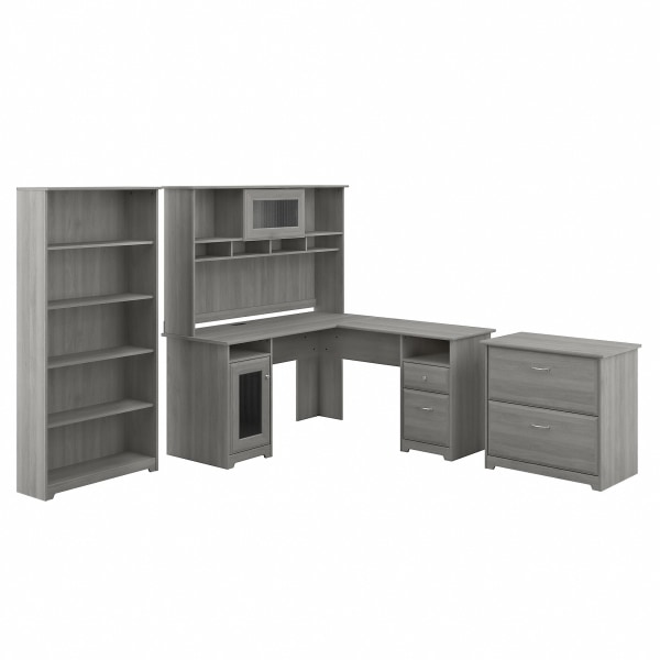 Bush Furniture Cabot L-Shaped Desk With Hutch, Lateral File Cabinet And 5-Shelf Bookcase, Modern Gray, Standard Delivery