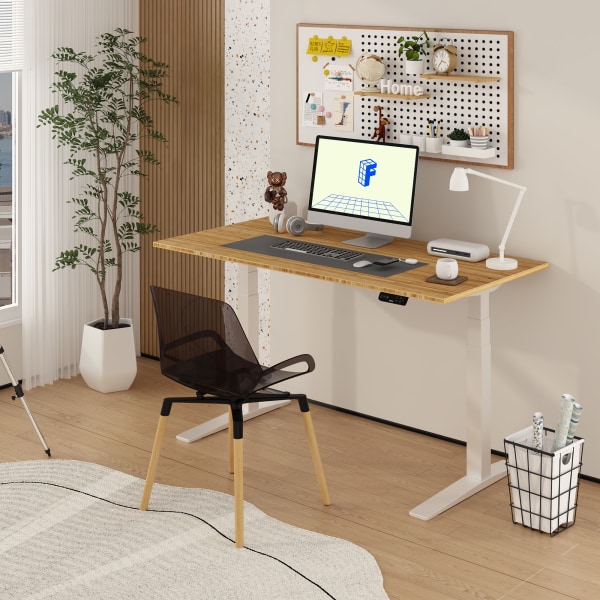 FlexiSpot E7 Pro Electric 60""W Adjustable Height Standing Desk, White/Bamboo -  E7WPRO6030LBZB