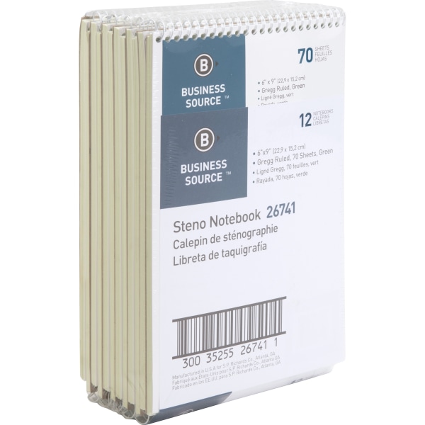 Business Source Wirebound Steno Notebook - 70 Sheets - Wire Bound - 15 lb Basis Weight - 6"" x 9"" - Green Paper - 12 / Pack -  26741PK
