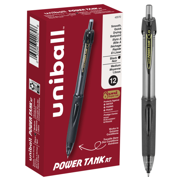 Uni-Ball Power Tank Retractable Ballpoint Pens - 1 mm Pen Point Size - Refillable - Black - Black Barrel