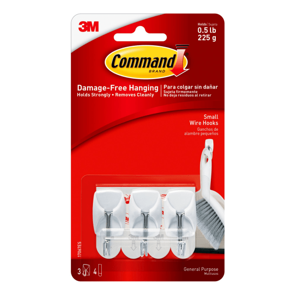 Command Wire Hooks, White, Small, 3 Hooks, 4 Strips Per Pack
