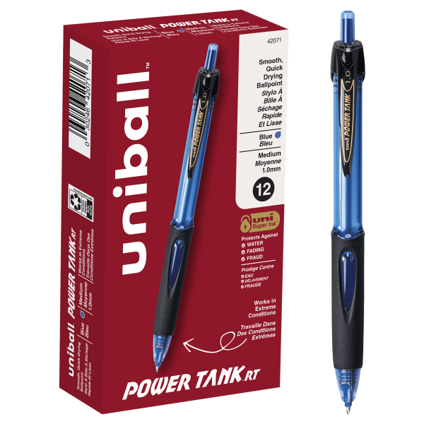 uni-ball Power Tank Retractable Ballpoint Pens, 1.0 mm, Blue Barrel, Blue Ink, Pack Of 12 Pens