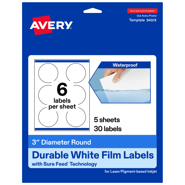 Avery® Waterproof Permanent Labels With Sure Feed®, 94513-WMF5, Round, 3" Diameter, White, Pack Of 30