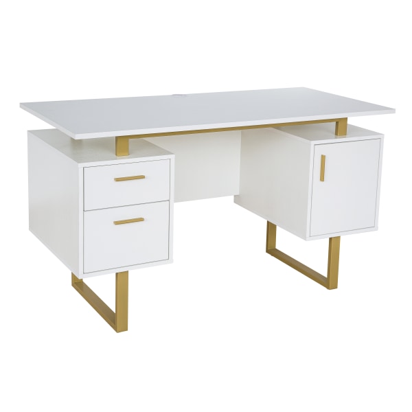 Techni Mobili 52"W Modern Computer Desk With Storage, White/Gold