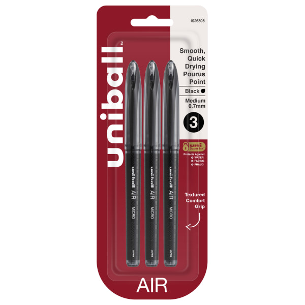 uni-ball AIR Rollerball Pens, Medium Point, 0.7 mm, Black Barrel, Black Ink, Pack Of 3