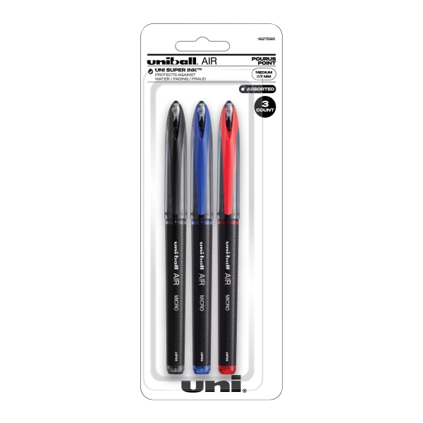 uni-ball AIR Rollerball Pens, Medium Point, 0.7 mm, Black Barrel, Assorted Ink Colors, Pack Of 3
