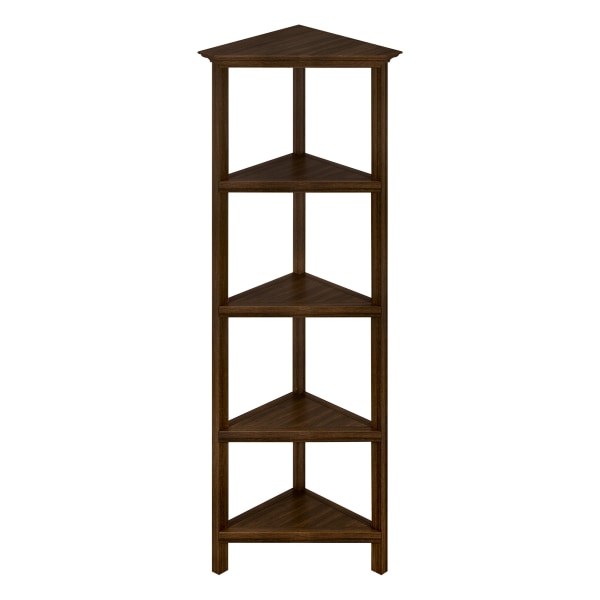 New Ridge Home Goods 60"H 5-Shelf Corner Bookcase, Walnut
