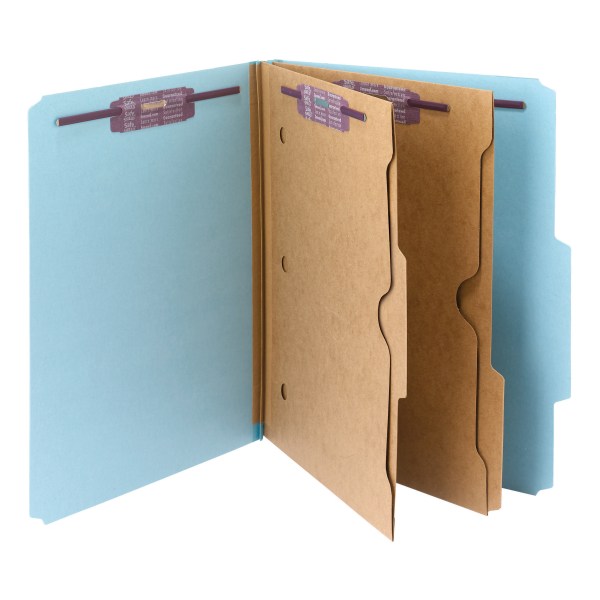 Smead® Pressboard Classification Folders With SafeSHIELD® Fasteners And 2 Pocket Dividers, Letter Size, 100% Recycled, Blue, Box Of 10