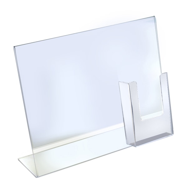 Acrylic Horizontal/Vertical L-Shaped Sign Holders With Brochure Pocket, 11"H x 14"W x 3"D, Clear, Pack Of 2 Holders