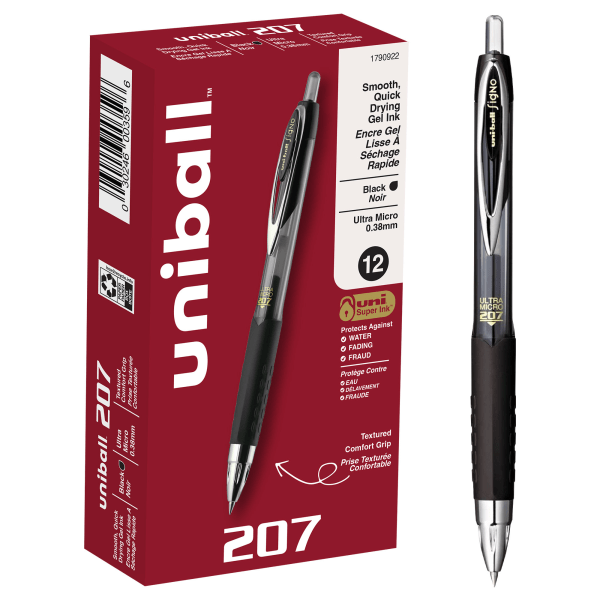 uni-ball 207 Retractable Fraud Prevention Gel Pens, Ultra Micro Point, 0.38 mm, Black Barrels, Black Ink, Pack Of 12 - 1790922 - Office Supplies Retractable gel pens feature a 0.38mm micro tip fo sku 1790922