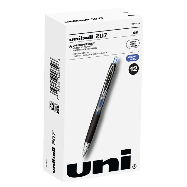 uniball 207 Retractable Gel Pen  Ultra Micro Point  0.38 mm  Blue Ink  12 Count