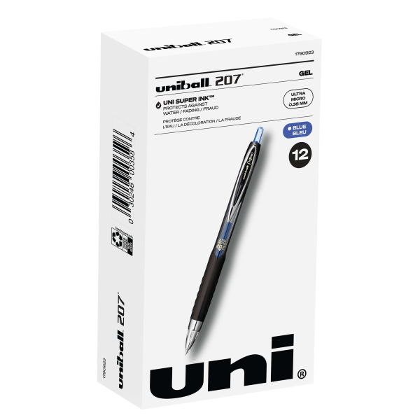 uni-ball® 207™ Retractable Fraud Prevention Gel Pens, Ultra Micro Point, 0.38 mm, Black Barrels, Blue Ink, Pack Of 12 -  1790923