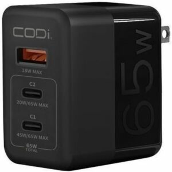 CODi 65W GaN Triple Port Wall Charger - USB-C and USB-A Quick Charge 3.0 outputs -  A01106