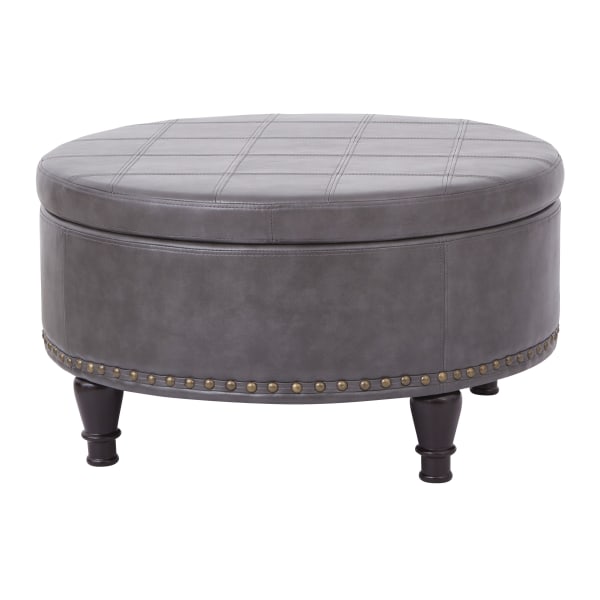 Office Star Augusta Bonded Leather Round Storage Ottoman, Pewter