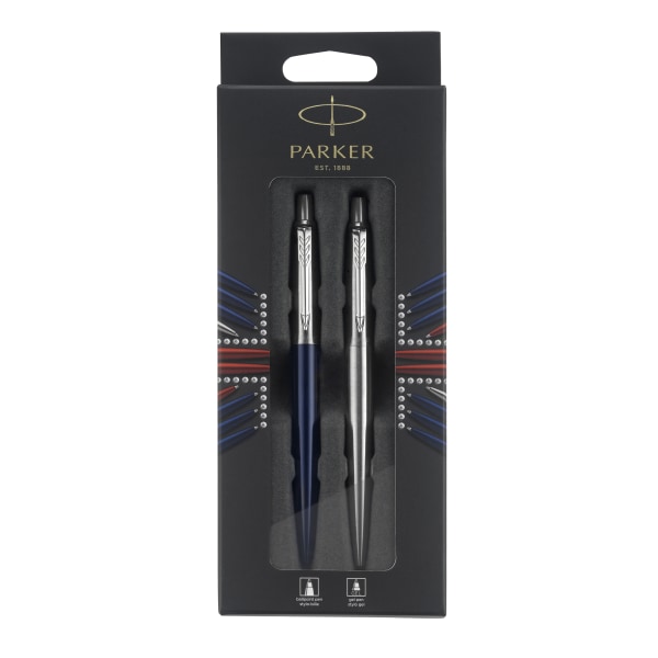 Parker® Jotter London Duo Pen Set, Medium Point, Blue/Stainless Steel Barrel, Blue/Black Ink, Set of 2 Pens