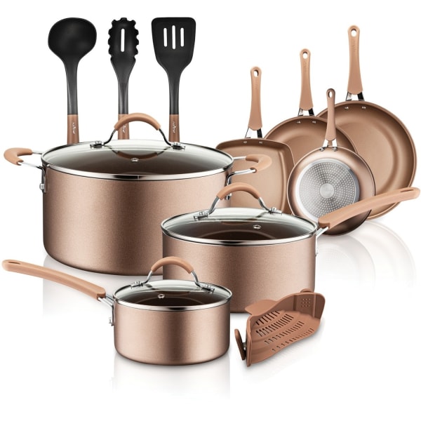 nutrichef nonstick cookware pots & pans  14pce set in bronze-aluminum