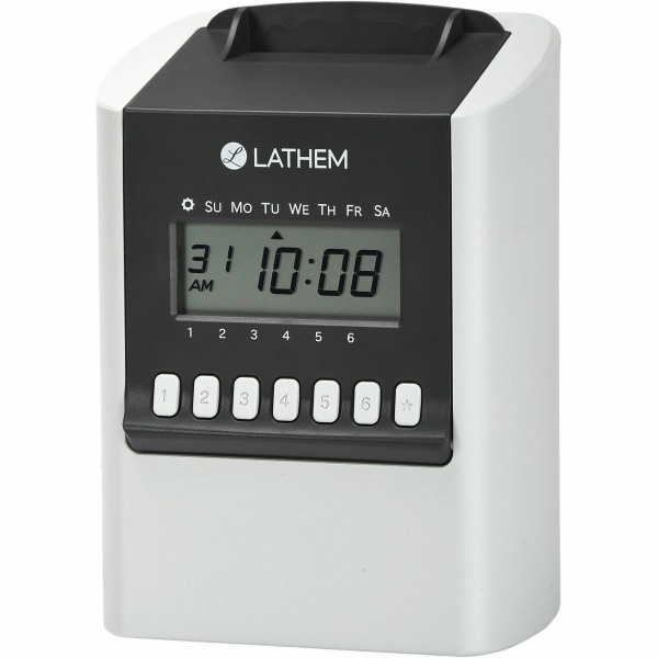 Lathem Calculating Electronic Time Clock, 100 Employees, 6-15/16"H x 5-1/4"W x 9-5/8"D, Gray, 700E