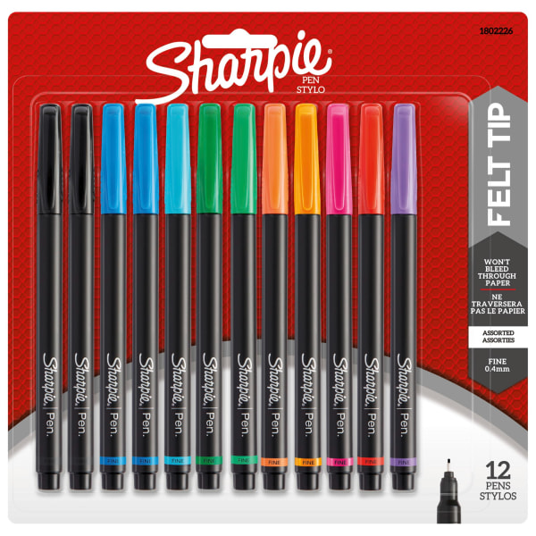 Sharpie® Pens, Fine Point, 0.4 mm, Black Barrels, Assorted Ink Colors, Pack Of 12
