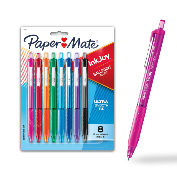InkJoy 300 RT Retractable Pens, Medium Point, 1.0 mm, Clear Barrels, Assorted Ink Colors, Pack Of 8